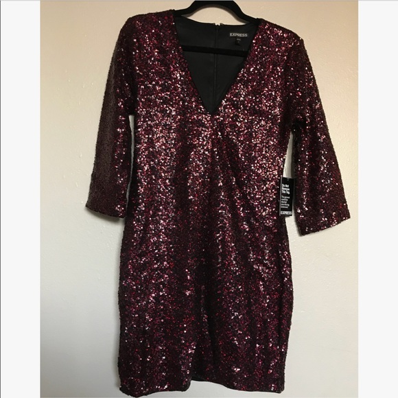 Express Red V-Neck Sequin Mini Dress - Picture 2 of 4